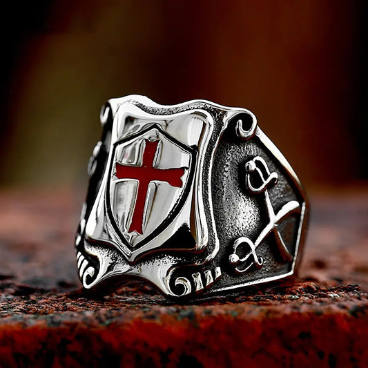 Vintage Knights Templar Cross Shield Rings for Men - Stainless Steel