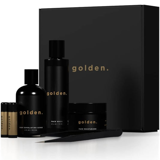 Golden Grooming Co. Essential Men's Skincare Routine Set - Complete Face Care System | Face Wash, Deep Exfoliating Scrub, Moisturizer | Tweezers & 2 Lip Balm Sticks Included | 30 Day Supply