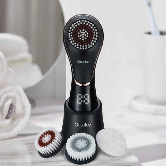 Facial Cleansing Brush, Electric Face Scrubber Rechargeable Exfoliator IPX-7 Waterproof Rotating Cleanser for Exfoliating, Massaging and Deep Cleansing for Women & Men with 4 Brush Heads Black