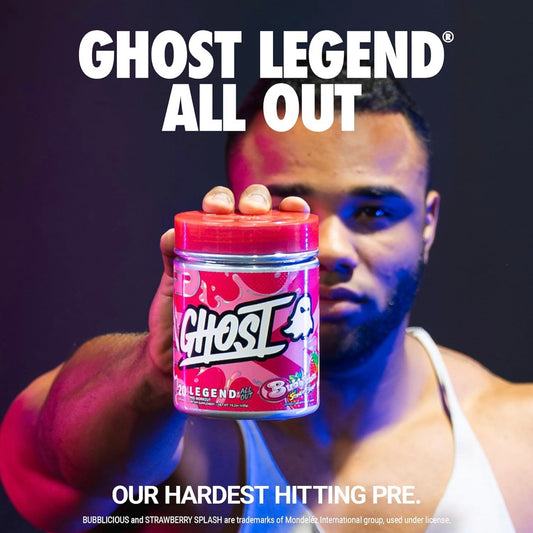 GHOST Legend Pre-Workout Powder, Legend All Out, Bubblicious Strawberry Splash - 20 Servings