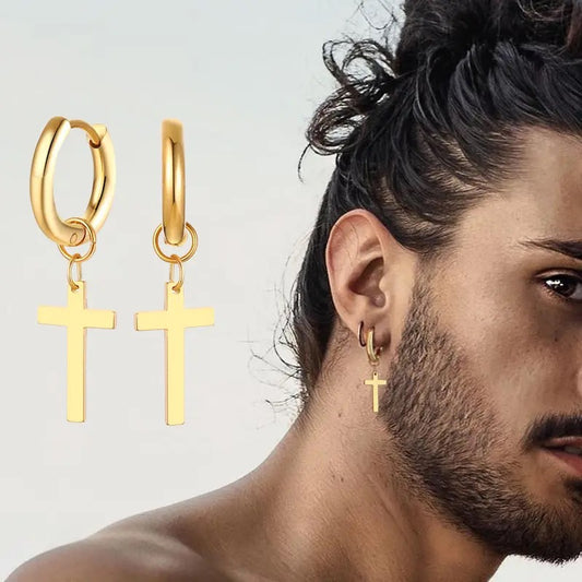 Dangling Cross Hoop Earrings For Men & Women - GOLD / BLACK / SILVER