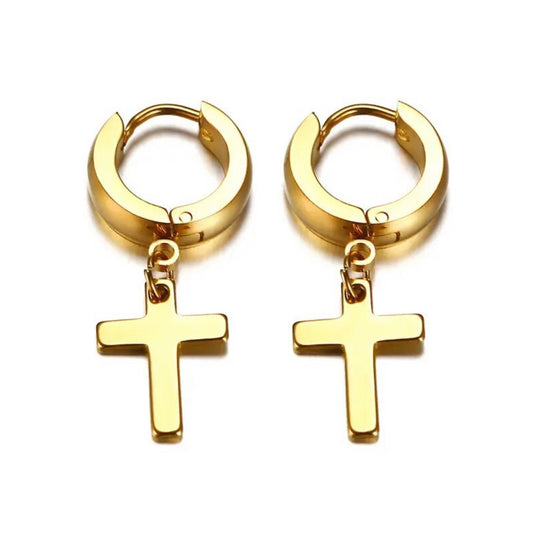 Dangling Cross Huggie Pierced Hoop Earrings For Men & Women - GOLD / BLACK /SILVER