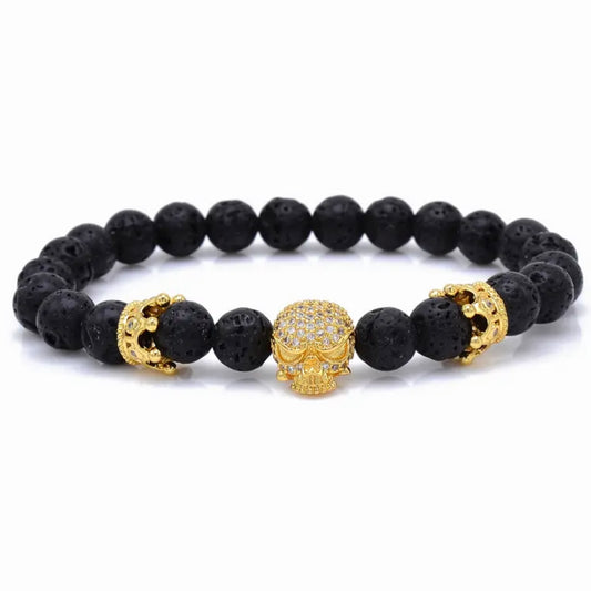 Natural Stone Beads Skull Bracelet - GOLD / SILVER / BLACK / ROSE GOLD / GREY